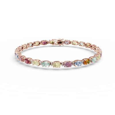 Bratara tennis din aur roz cu safire multicolore ovale de 8.3ct si diamante de 0.2ct