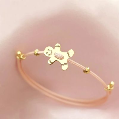 Brățara Turta dulce - Șnur roz Gros si 2 bilute de 3 mm - Argint 925 placat cu Aur Galben 18K