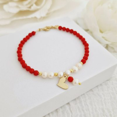 Bratara Vitalitate - Iubire margaritara - Perle, bilute 2.5 mm si charm inima din Argint 925 placat cu Aur Galben 18k - Pietre semipretioase Coral - Inchizatoare carabina cu prelungire