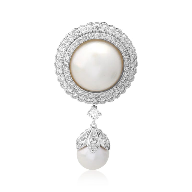 Brosa din aur alb cu perle de cultura de 17.4ct si diamante de 2.08ct