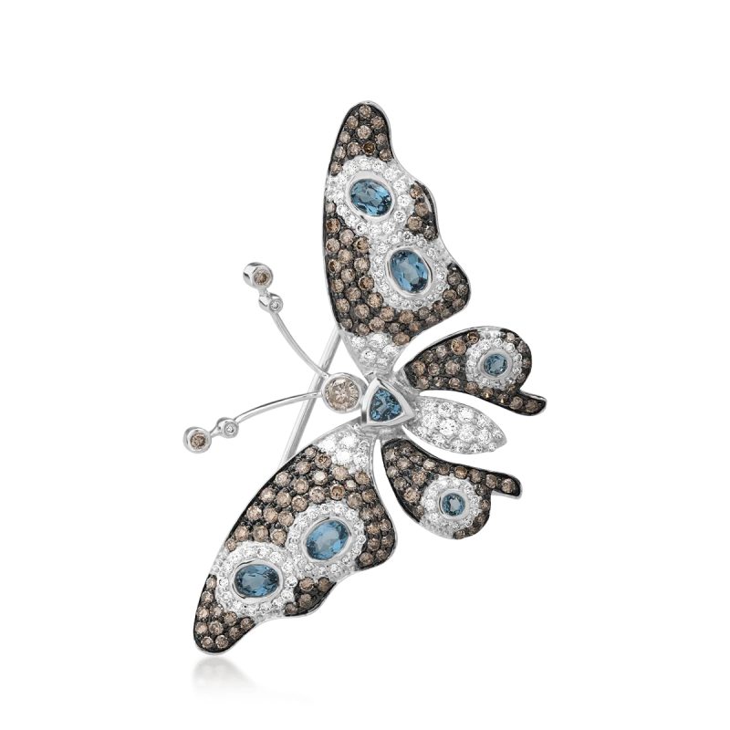 Brosa fluture din aur alb cu pietre pretioase si semipretioase de 3.38ct