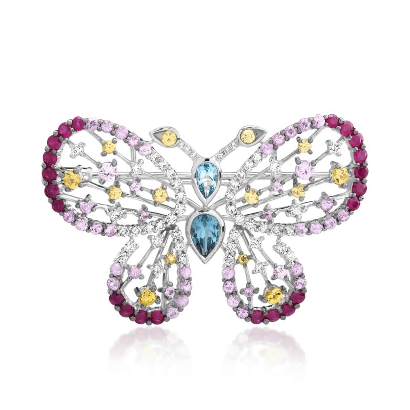 Brosa fluture din aur alb cu pietre pretioase si semipretioase de 4.59ct
