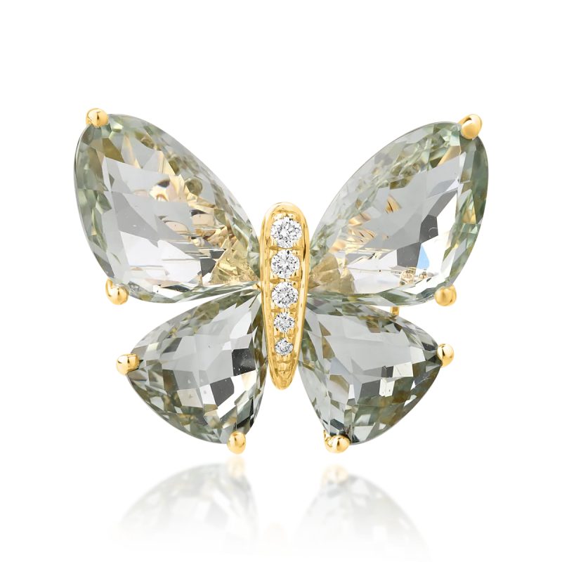 Brosa fluture din aur galben cu ametist verde de 12.2ct si diamante de 0.07ct