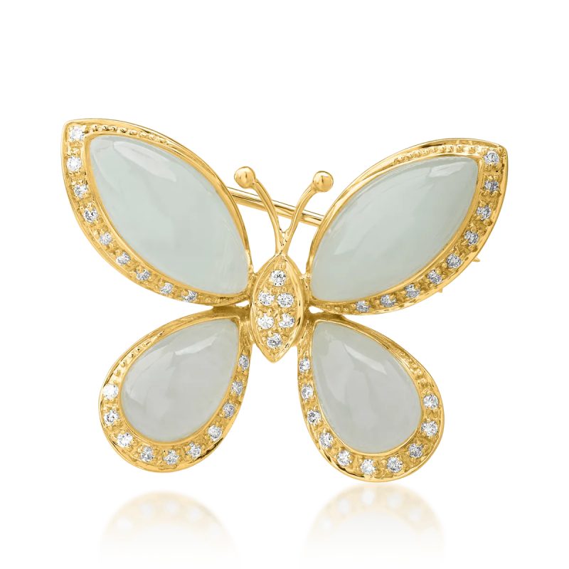 Brosa fluture din aur galben cu prehnite marquise si pear de 15.086ct si diamante de 0.299ct