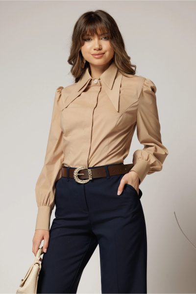 Camasa DY Fashion bej din poplin cu guler dublu si croi cambrat