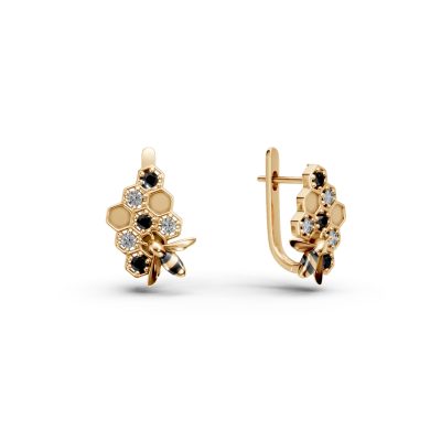 Cercei albina din aur galben cu diamante negre si incolore de 0.1ct