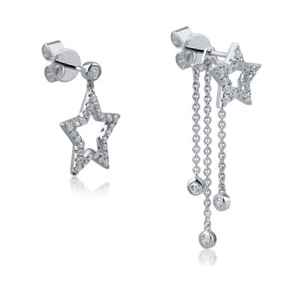 Cercei asimetrici cu stele din aur alb cu diamante de 0.47ct
