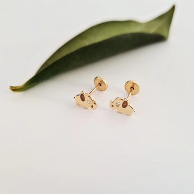 Cercei bebe/fetite cu Diamant naturat - Model elefantei - Aur Galben 14K - Inchizatoare sigura si confortabila cu filet