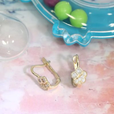 Cercei copii/bebe - Model \ ittle Owl - Aur Galben 14K - Cubic Zirconia - Inchizatoare sigura cu tortita