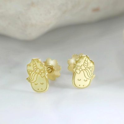 Cercei copii/bebe - Model unicorn - Aur Galben 14K - Inchizatoare sigura si confortabila cu filet