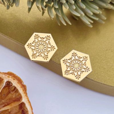 Cercei Craciun - Model Hexagon - Fulg de zapada - Argint 925 placat cu Aur galben de 18K - inchidere surub