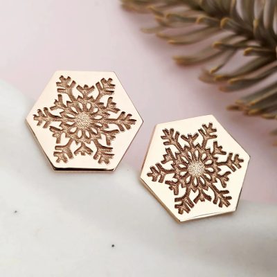 Cercei Craciun - Model Hexagon - Fulg de zapada - Argint 925 placat cu Aur roz de 18K - inchidere surub