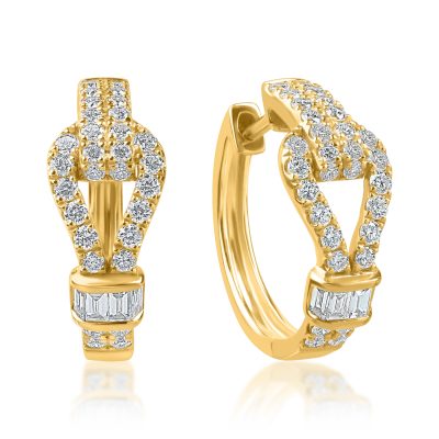 Cercei creole din aur galben cu diamante baguette si rotunde de 0.89ct