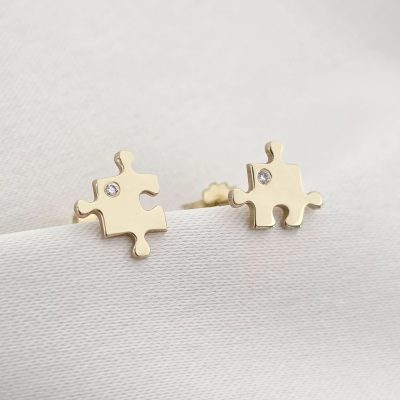 Cercei cu Diamante naturale - Piese de puzzle - Aur Galben 14K - Inchizatoare surub