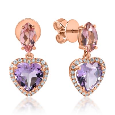 Cercei cu inimioare din aur roz cu pietre pretioase si semipretioase de 3.4ct