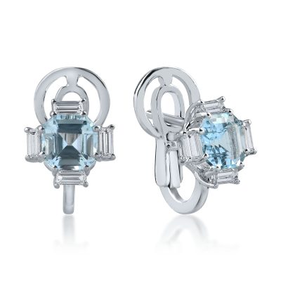 Cercei din aur alb cu acvamarine octogonale de 1.73ct si diamante baguette de 0.42ct