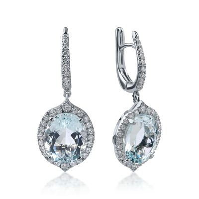 Cercei din aur alb cu acvamarine ovale de 6.94ct si diamante de 0.66ct