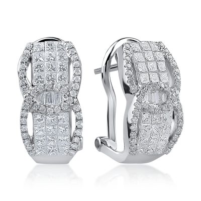 Cercei din aur alb cu diamante baguette, princess si rotunde de 1.41ct