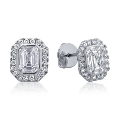 Cercei din aur alb cu diamante baguette si rotunde de 1.09ct
