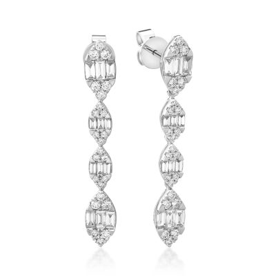 Cercei din aur alb cu diamante baguette si rotunde de 1.45ct