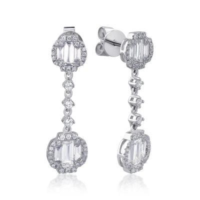 Cercei din aur alb cu diamante baguette si round de 1.36ct