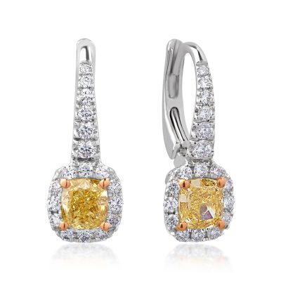 Cercei din aur alb cu diamante fancy-galbene radiant de 1.19ct si diamante incolore round de 0.52ct
