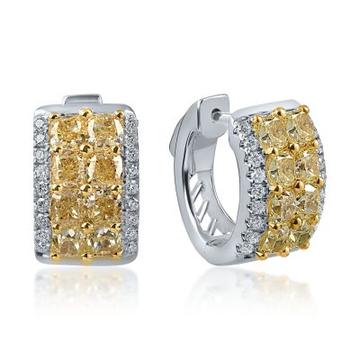 Cercei din aur alb cu diamante galbene cushion si incolore round de 3.5ct