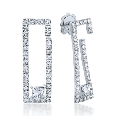 Cercei din aur alb cu diamante princess si rotunde de 1.3ct