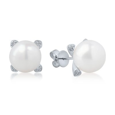 Cercei din aur alb cu perle de cultura de 21.6ct si diamante de 0.1ct