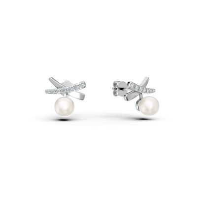 Cercei din aur alb cu perle de cultura de 3.14ct si diamante de 0.23ct