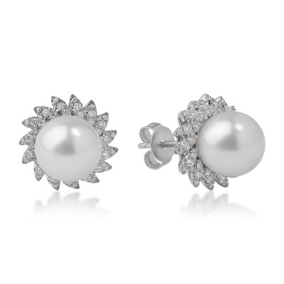 Cercei din aur alb cu perle de cultura de 7.6ct si diamante de 0.3ct