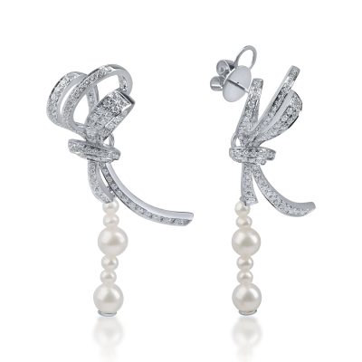 Cercei din aur alb cu perle de cultura si diamante de 0.13ct