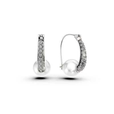 Cercei din aur alb cu perle de cultura si diamante de 0.18ct