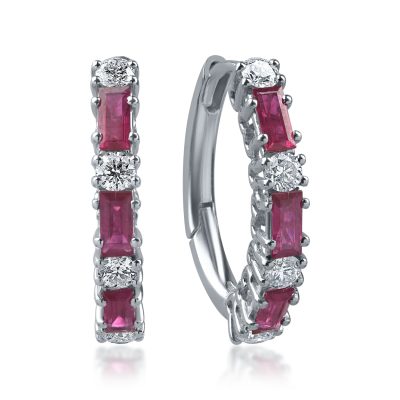 Cercei din aur alb cu rubine baguette de 0.8ct si diamante rotunde de 0.2ct