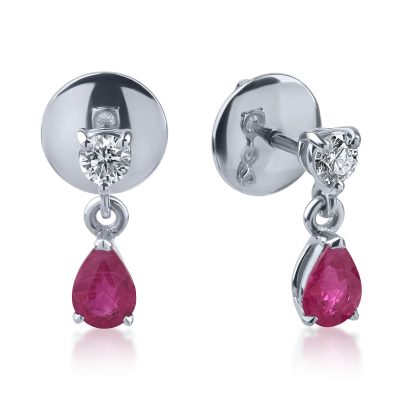 Cercei din aur alb cu rubine pear de 0.8ct si diamante de 0.2ct
