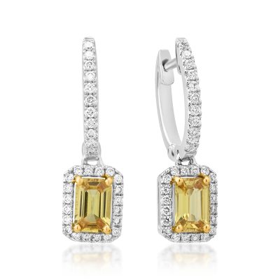 Cercei din aur alb cu safire galbene emerald de 1.4ct si diamante de 0.37ct