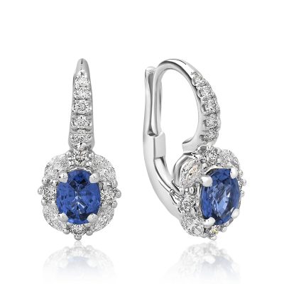 Cercei din aur alb cu safire pear de 1.23ct si diamante de 0.38ct