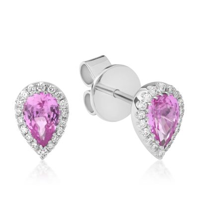 Cercei din aur alb cu safire roz pear de 0.84ct si diamante de 0.13ct