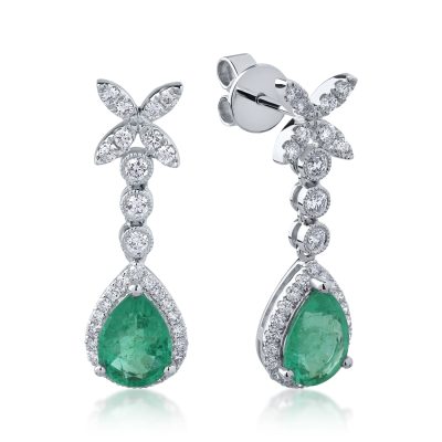 Cercei din aur alb cu smaralde pear de 2ct si diamante round de 0.6ct