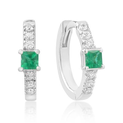 Cercei din aur alb cu smaralde princess de 0.08ct si diamante de 0.06ct pentru copii