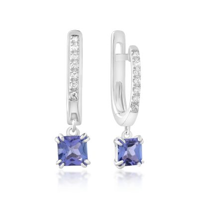 Cercei din aur alb cu tanzanite princess de 0.775ct si diamante de 0.05ct