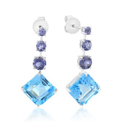 Cercei din aur alb cu topaze albastre octogonale de 11.4ct si iolite de 1.7ct