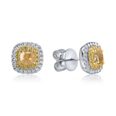 Cercei din aur alb-galben cu diamante galbene cushion si round si diamante incolore de 1.3ct