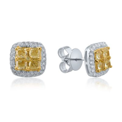 Cercei din aur alb-galben cu diamante galbene cushion si round si diamante incolore de 2.4ct
