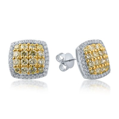 Cercei din aur alb-galben cu diamante galbene de 0.99ct si diamante transparente de 0.24ct