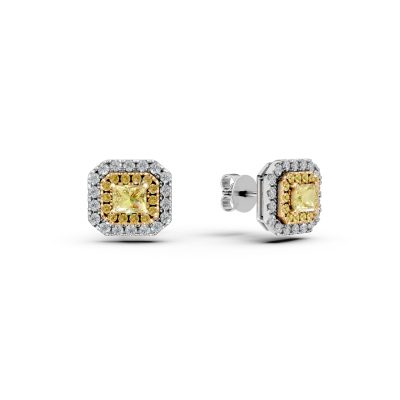 Cercei din aur alb-galben cu diamante galbene rectangulare si rotunde de 0.1ct si diamante de 0.65ct