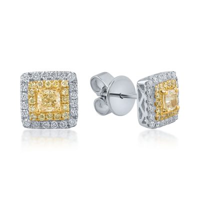 Cercei din aur alb-galben cu diamante roz rectangulare si rotunde si diamante incolore de 1.26ct