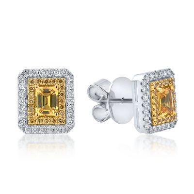 Cercei din aur alb-galben cu safire galbene octogonale de 0.77ct si diamante de 0.42ct