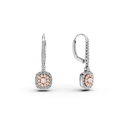 Cercei din aur alb-roz cu diamante incolore de 0.55ct si diamante roz cushion si rotunde de 0.36ct
