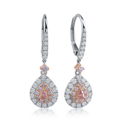 Cercei din aur alb-roz cu diamante incolore de 0.66ct si diamante roz pear si rotunde de 0.41ct